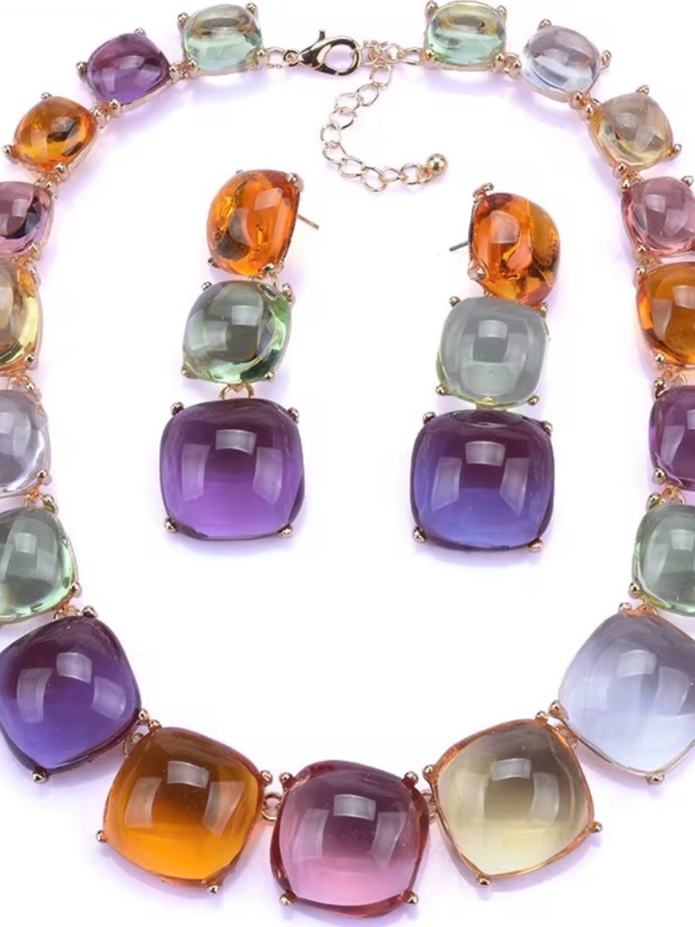 Multicolor Cushion Gem Necklace and Earrings Set